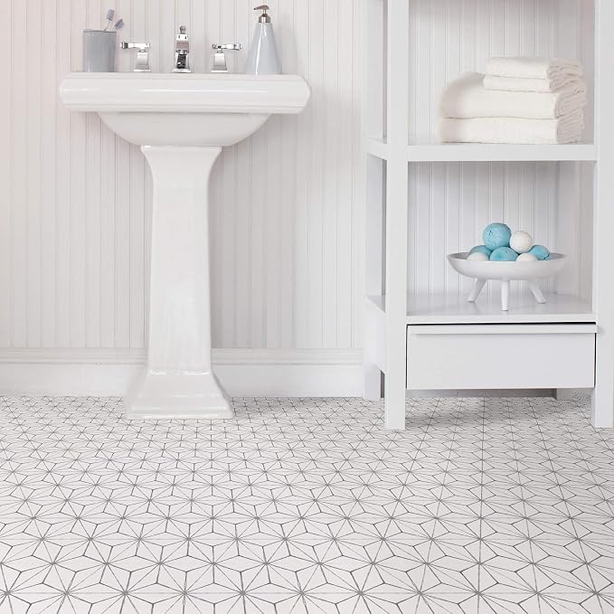 FloorPops FP2481 Kikko Peel Stick Floor Tiles, White & Off-White (Pack of 6)