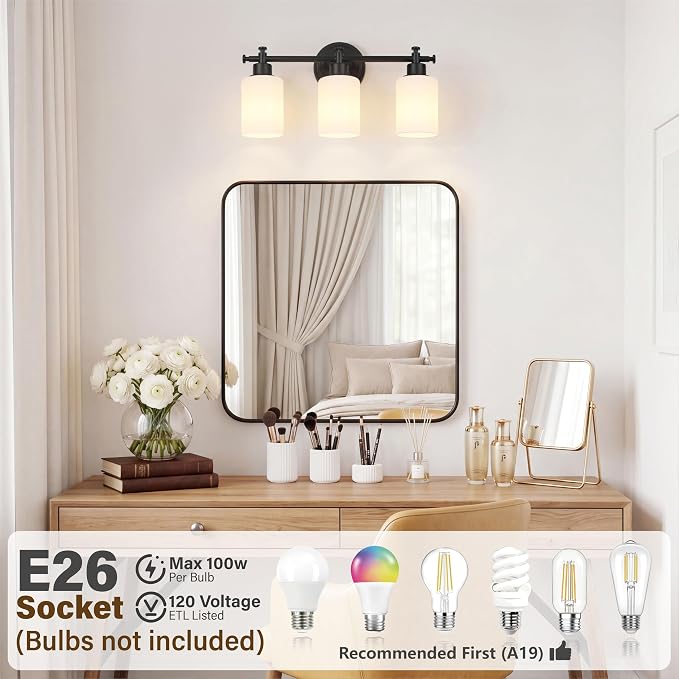 3 Light Black Bathroom Vanity Light Fixture Over Mirror, 17.5'' | Vanity Lights for Bathroom, Bedroom, Living Room, White Frosted Glass Shades, Modern, E26(Bulbs Not Included)