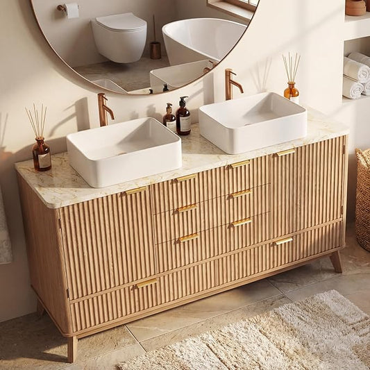 Concho 55'' Fluted Bathroom Vanity with Double Ceramic Sink, Modern Bathroom Sink Storage Cabinet with Wood Marble Top & 4 Spacious Drawers, Freestanding Bathroom Vanity Cabinet, Natural Oak