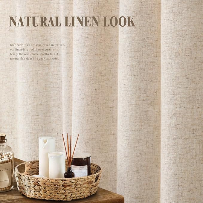 Linen Shower Curtain Beige, Fabric Boho Farmhouse Shower Curtains for Bathroom Cream Cotton Natural Cloth Liner Set 72" W x 96" L