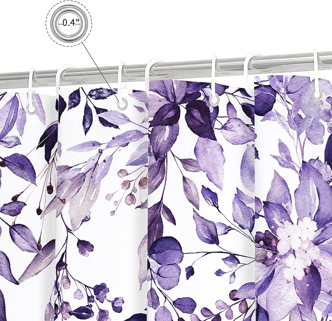 Purple Eucalyptus Shower Curtain, Watercolor Floral Print, 72x90 | Watercolor Plant Leaves Floral Print, Waterproof Fabric Bathroom Decor, Machine Washable, Rustproof Grommets