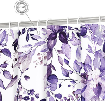 Purple Eucalyptus Shower Curtain, Watercolor Floral Print, 72x90 | Watercolor Plant Leaves Floral Print, Waterproof Fabric Bathroom Decor, Machine Washable, Rustproof Grommets