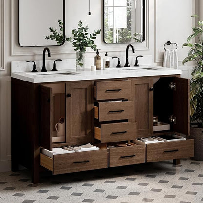 ARIEL Cambridge 60-inch Bathroom Vanity with Sink,Solid Wood, 1.5-inch Carrara White Quartz Countertop, Double Rectangular Porcelain Sink, 4 Soft Closing Doors, 6 Dovetail Drawers, Brown Oak