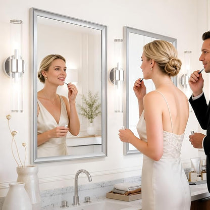 2 Pack 24x36 Inch Brushed Nickel Bathroom Mirrors for Over Sink | Curved Aluminum Frame Rectangle Vanity Mirror Set for Double Sink, HD Tempered Glass, Anti-Rust, Horizontal or Vertical