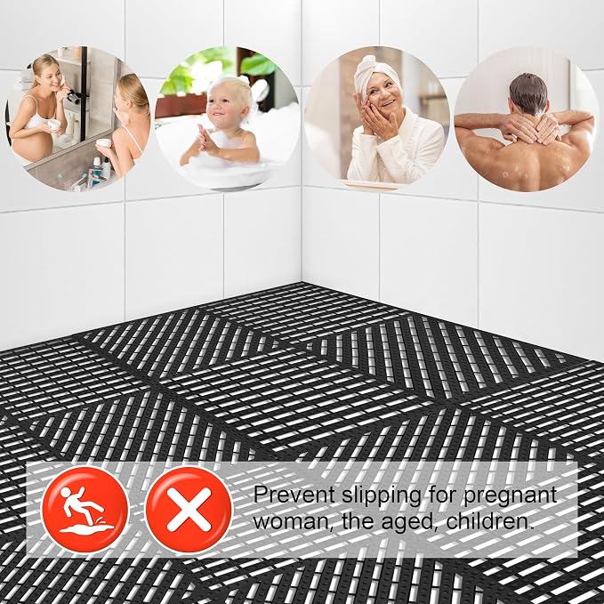 Modular Interlocking Cushion 12 Pack 11.8" x 11.8" Rubber Floor Tiles Non-Slip Splicing Drainage Mats for Deck, Pool, Shower, Patio, Balcony, Bathroom, Kitchen, Yard (1 Rows Dots, Black)
