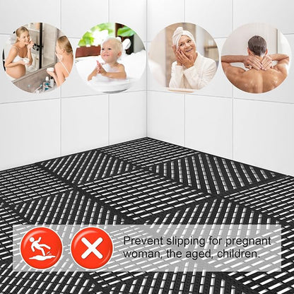 Modular Interlocking Cushion 12 Pack 11.8" x 11.8" Rubber Floor Tiles Non-Slip Splicing Drainage Mats for Deck, Pool, Shower, Patio, Balcony, Bathroom, Kitchen, Yard (1 Rows Dots, Black)