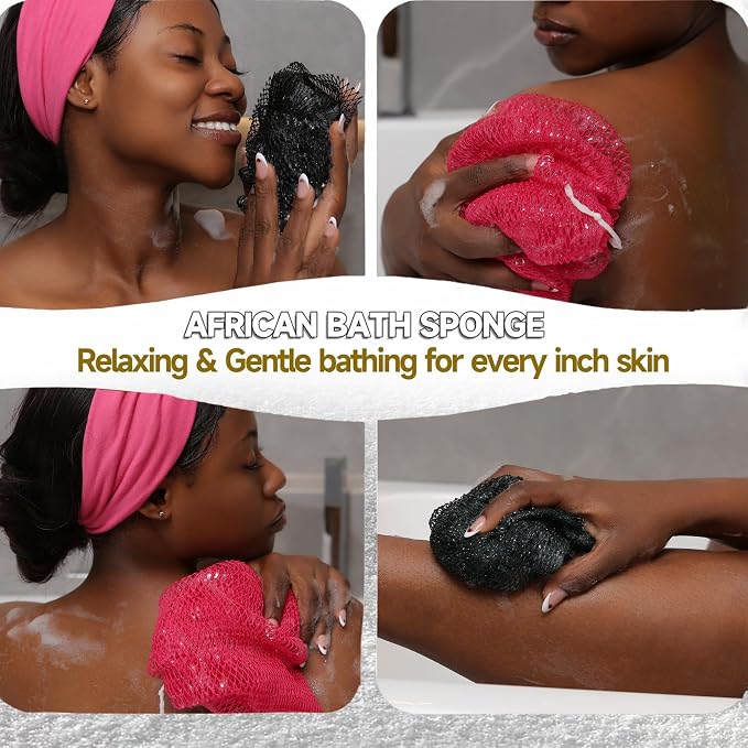 Authentic African Net Sponge, 2 Pack 45-Inch Exfoliating Bath Sponge and Shower Loofah for Body and Back, Colorfast Quick-Dry Knotted Mesh Scrubber with Travel Pouch (Black & Pink)