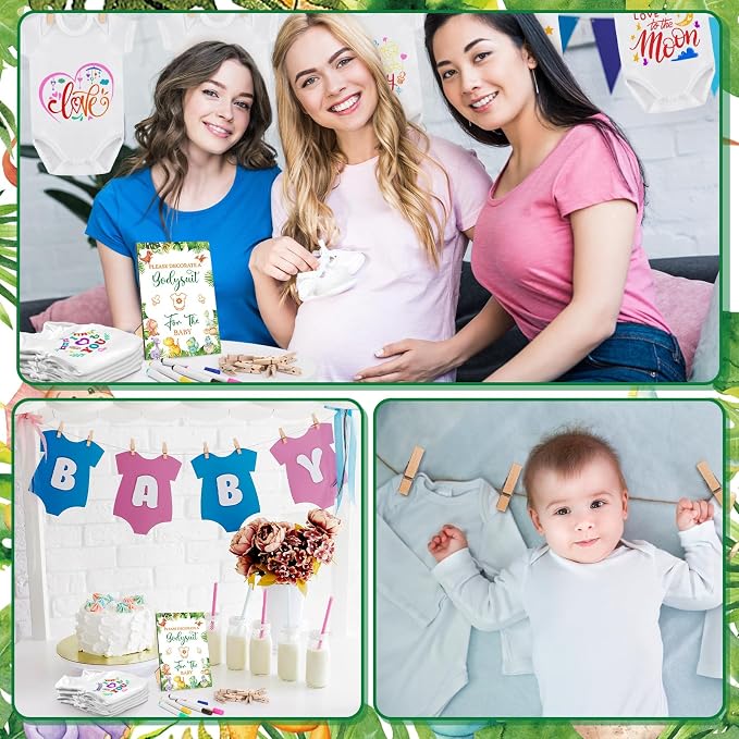 Panitay 126 Pcs Baby Shower DIY Bodysuit Set Bib 25 Blank White Newborn Bodysuit 25 Stencils 24 Marker 1 Sign 50 Pins(Dinosaur)
