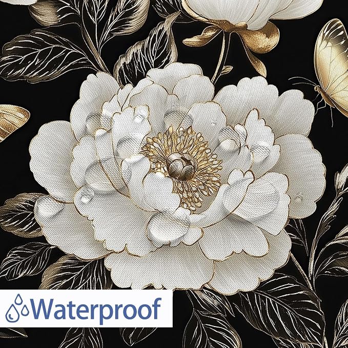 Black and Gold Boho Floral Shower Curtain, Vintage Unique Dark Flowers Botanical Aesthetic Decorative Shower Curtain Set, Pretty Gold Boho Farmhouse Curtains Bathroom Accessories with Hooks 60"x72"