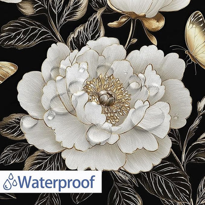 Black and Gold Boho Floral Shower Curtain, Vintage Unique Dark Flowers Botanical Aesthetic Decorative Shower Curtain Set, Pretty Gold Boho Farmhouse Curtains Bathroom Accessories with Hooks 60"x72"