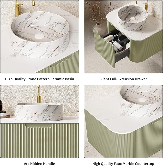 Yayzy 36" Floating Bathroom Vanity with Sink, Solid Wood Fluted Cabinet, White Marble-Patterned Ceramic Basin & Faux Marble Top, Soft-Close Drawer, Pre-Assembled, Light Green