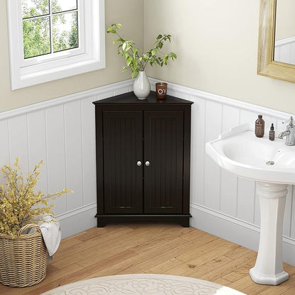 Spirich Floor Corner Cabinet with Two Doors and Shelves, Free-Standing Corner Storage Cabinets for Bathroom, Kitchen, Living Room, Espresso | Space-Saving Corner Design, Adjustable Shelf, Enclosed Storage, Beadboard Doors, Silver Knobs, FSC-Certified E...