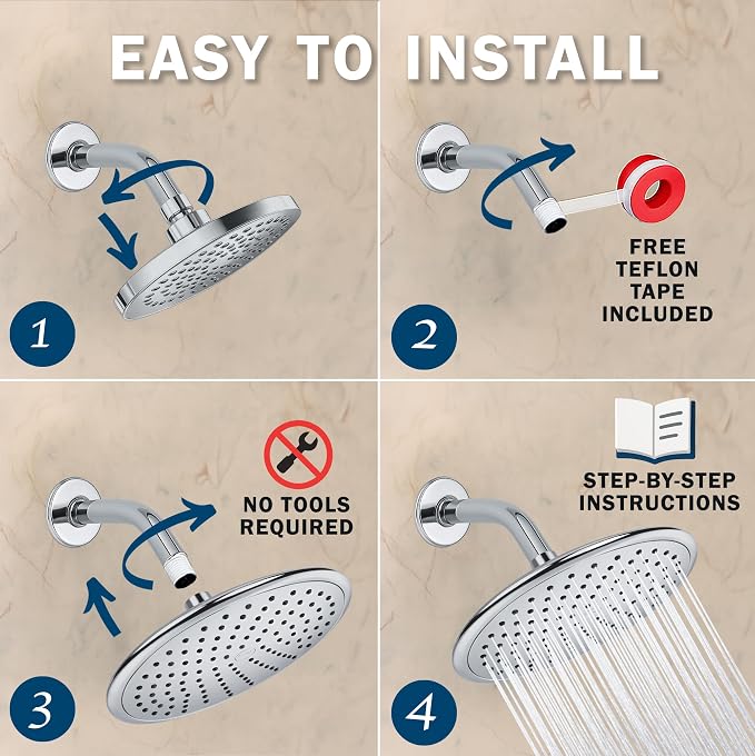 Waterfall Showerhead - 1.8 GPM - Polished Chrome | 9 Inch Large Overhead Rain Shower Head With Self-Clean Nozzles, Adjustable Brass Ball Joint, High Flow Best With Extender Arm