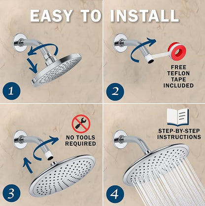 Waterfall Showerhead - 1.8 GPM - Polished Chrome | 9 Inch Large Overhead Rain Shower Head With Self-Clean Nozzles, Adjustable Brass Ball Joint, High Flow Best With Extender Arm