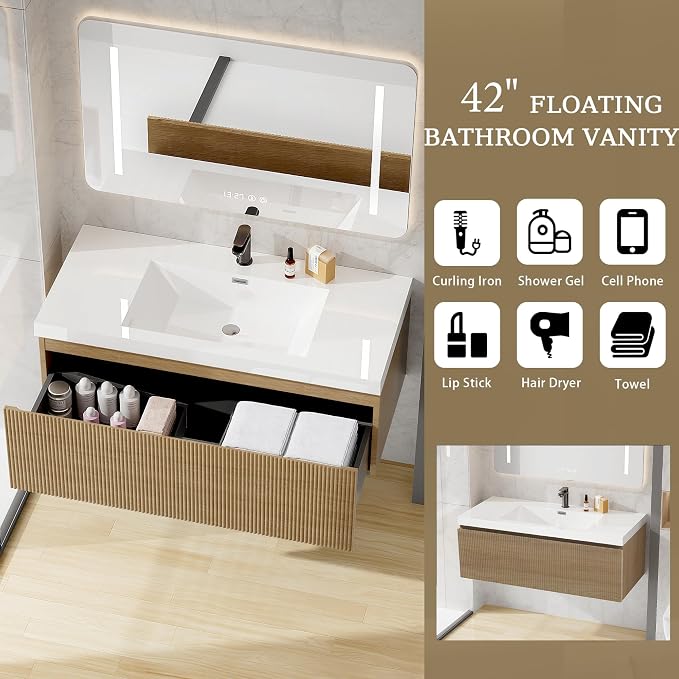 42 Inch Floating Bathroom Vanity with Sink, Modern Oak Wall Mounted Floating Vanity with Glossy Resin Sink, Soft Closing Drawer, Fully Pre Assembled Bathroom Vanity, Natural Oak