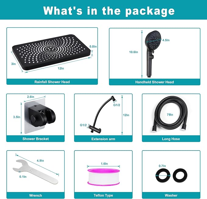 Rain Shower Heads with Handheld Spray Combo,12In Fixed Showerhead&8-Mode Handheld Shower Head with 79 Inches Extra-long Stainless Steel Hose (Black)