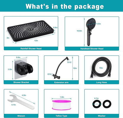 Rain Shower Heads with Handheld Spray Combo,12In Fixed Showerhead&8-Mode Handheld Shower Head with 79 Inches Extra-long Stainless Steel Hose (Black)
