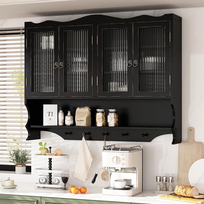KEIKI 39.37" L Wall Mounted Kitchen Sideboard Cabinet with 4 Glass Door, 5 Hook Rack, 4 Layers Shelves, Retro Storage Buffet Medicine Cabinet for Bathroom, Dining Rooms, Entryway, Solid Wood, Black