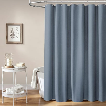 Long Linen Textured Waterproof Shower Curtain Set, 72x84, Blue Gray | Tall Size, 230GSM Polyester, Heavy Duty Cloth, Weighted Hem, 12 Plastic Hooks, Modern Luxury Hotel Style, Machine Washable