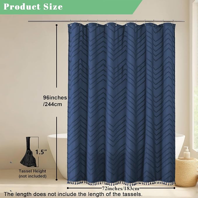 Extra Long Dusty Blue Boho Shower Curtain, Chic Tufted Chevron Striped Textured Cloth Fabric Shower Curtains with Tassel for Bathroom, Soft Hotel Style Farmhouse, Machine Washable, 72x96