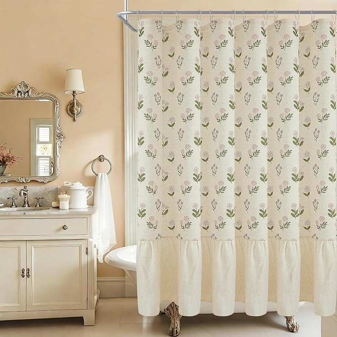ORTIGIA Linen Textured Ruffle Shower Curtain 72x72 Inch with Metal Hooks, Vintage Pink Floral Flowers Block Print Boho Waterproof Bath Curtain for Rustic Farmhouse Bathroom Decor