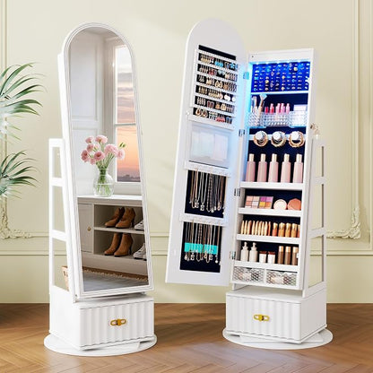 Vlsrka Arched LED Mirror Jewelry Cabinet with Full Length Mirror, White | Lockable Jewelry Armoire Cabinet, 360° Swivel Jewelry Organizer with Drawer Storage, Foldable Makeup Shelf, 2 Rear Hooks