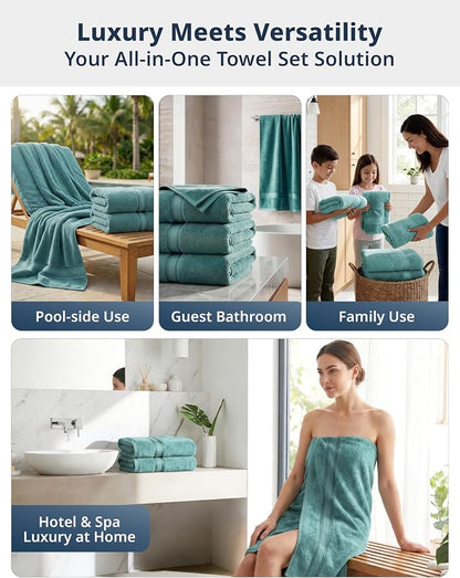 LANE LINEN Bath Towel Set Absorbent Quick Dry 100% Cotton 4 Piece - Teal | Set Of Towels - OEKO-TEX Certified, Zero-Twist Durability, Zero-Twist Cotton, Terry Weave Comfort, Long-Lasting Comfort
