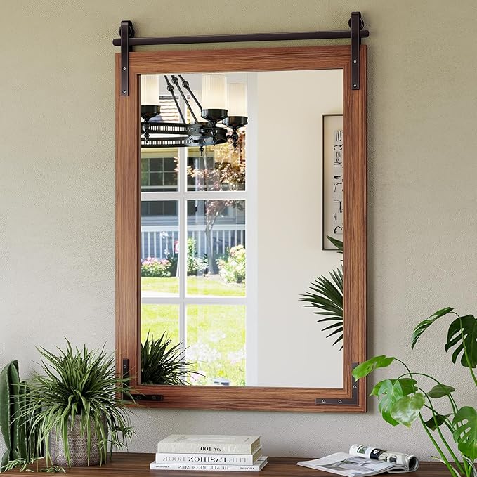 Farmhouse Bathroom Mirror, 24"x36" Brown Farmhouse Mirror with Rustic Wood Framed, Barn Door Vanity Mirrors for Wall, Vintage Decorative Mirrors for Entryway,Living Room,Bedroom