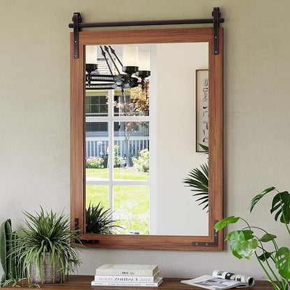 Farmhouse Bathroom Mirror, 24"x36" Brown Farmhouse Mirror with Rustic Wood Framed, Barn Door Vanity Mirrors for Wall, Vintage Decorative Mirrors for Entryway,Living Room,Bedroom