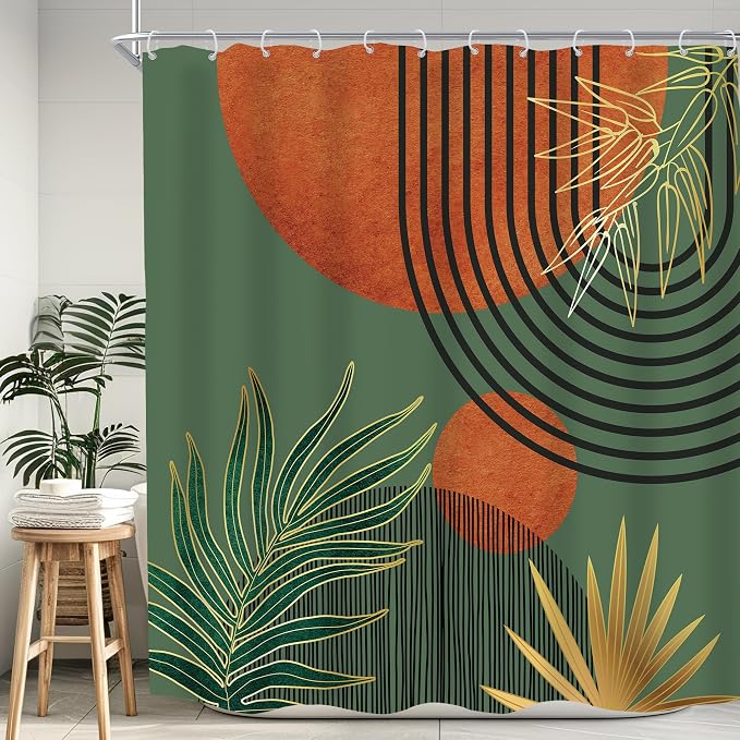 Mid Century Green Orange Boho Abstract Modern Bathroom Shower Curtain Set | 72Wx72L Sun Arch design, waterproof HD print with fast-drying fabric and 12 hooks.