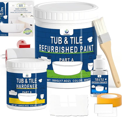 XUDOAI Bathtub Refinishing Kit Gloss White 21.5oz Tub Paint Reglazing | Tub and Tile Refinishing Kit with Tools, Paint for Bathroom/Kitchen/Shower/Porcelain/Sink/Ceramic