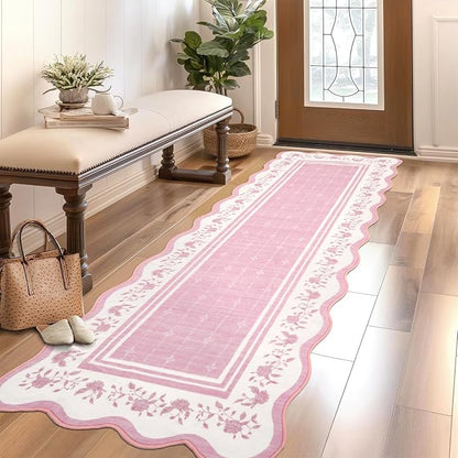 Garvee 2x6 Runner Rug Scalloped Kitchen Runner Rug Entryway Runners Pink | Washable Non Slip Modern Bordered Foldable Thin Accent Carpet Low Pile Soft Nursery Rugs for Hallway Bathroom Bedside Laundry