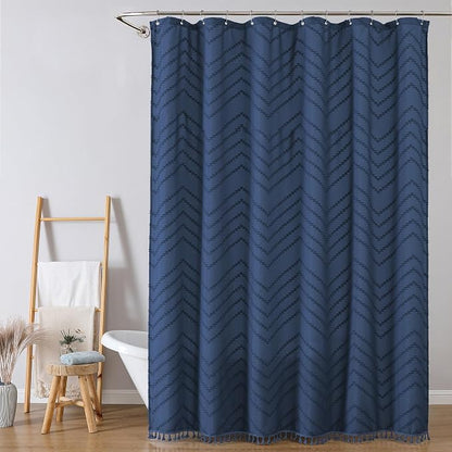 Extra Long Dusty Blue Boho Shower Curtain, Chic Tufted Chevron Striped Textured Fabric Cloth Shower Curtains with Tassel for Bathroom, Soft Hotel Style Farmhouse, Machine Washable, 72x84