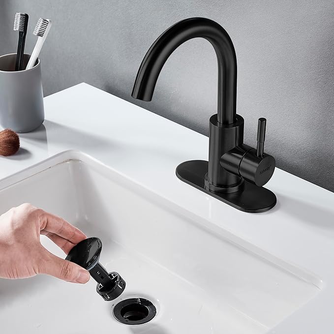 Matte Black Bathroom Sink Faucet Single Hole, Modern Single Handle Bathroom Faucet Commercial Stainless Steel Bar Faucet Laundry Sink Faucet with Drain