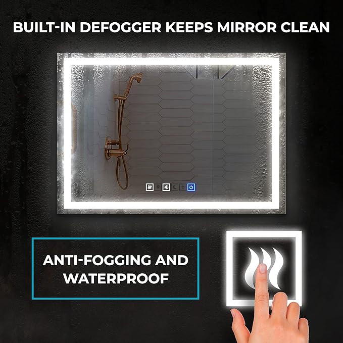 18x40 Inch Rectangular LED Bathroom Mirror with Lights Front and Backlit, 3 Color Modes, Touch Dimmer, Anti-Fog - Wall Mounted Vanity Mirror for Bathroom, Bedroom - Fab Glass and Mirror
