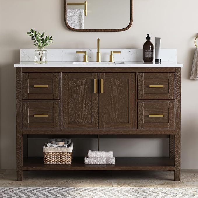 48 Inch Bathroom Vanity with Sink, Farmhouse Storage Cabinet with Drawers & Open Storage Shelf, Fully-Assembled, Soft-Closing Drawers and Adjustable Feet, Walnut