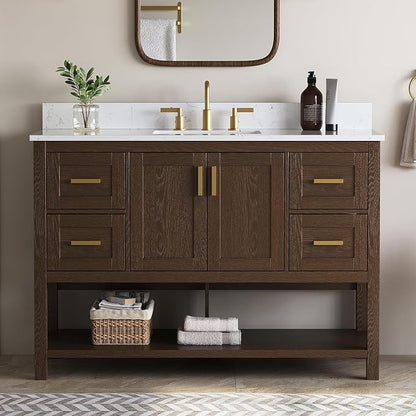 48 Inch Bathroom Vanity with Sink, Farmhouse Storage Cabinet with Drawers & Open Storage Shelf, Fully-Assembled, Soft-Closing Drawers and Adjustable Feet, Walnut