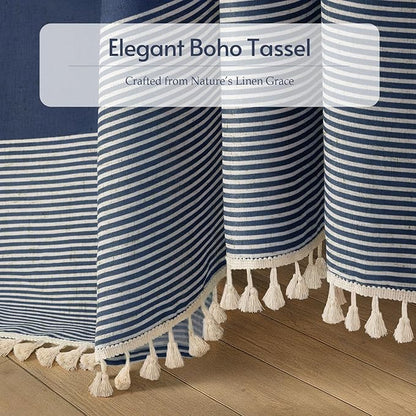 Navy Blue Coastal Ocean Linen Striped Shower Curtain with Tassel 60W X 72L | Boho Farmhouse Shower Curtains with Linen Texture for Bathroom Decor