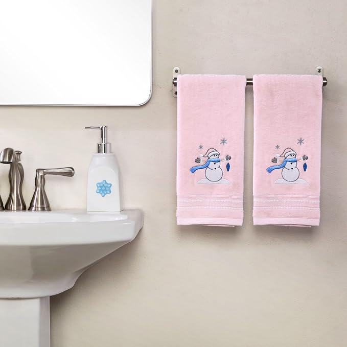 SKL Home Christmas/Winter Glam Snowman 100% Cotton Embroidered 2pc Hand Towel Set, Decorative for Bath/Kitchen/Bar, Pink