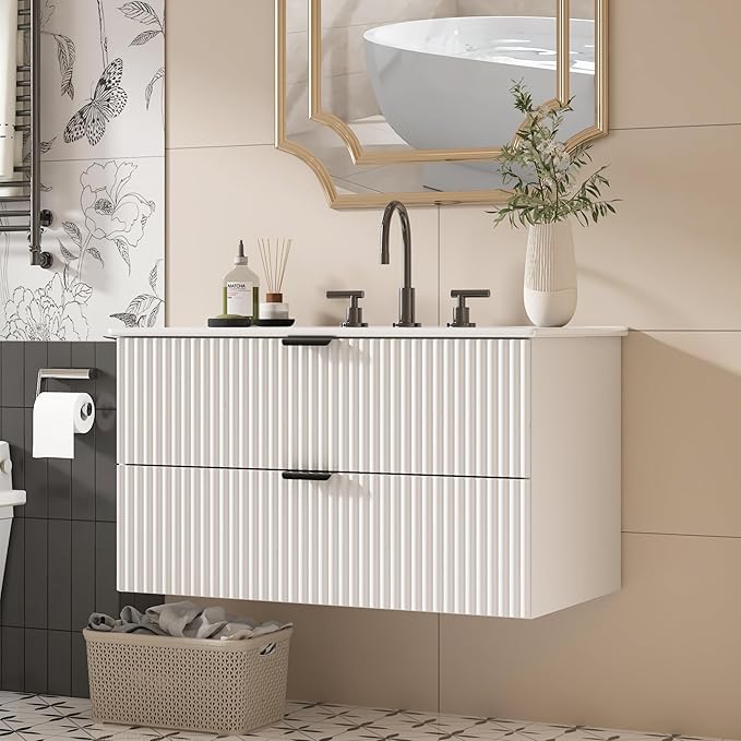 30" Bathroom Vanity with Sink Combo, Floating Vanity Bathroom Cabinet with Ceramic Basin, Soft-Close Function,Modern Wall Mount Sink Vanity for Guest or Master Bath
