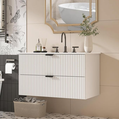 30" Bathroom Vanity with Sink Combo, Floating Vanity Bathroom Cabinet with Ceramic Basin, Soft-Close Function,Modern Wall Mount Sink Vanity for Guest or Master Bath