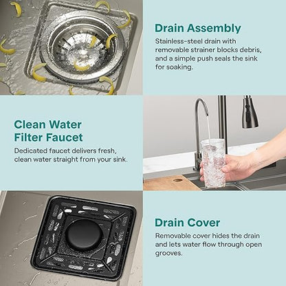 SereneLife Stainless Steel Kitchen Sink | Undermount & Drop-In Installation |13 Gauge & 30"L x 18"W x 9"H IN | Includes Faucet, Drain Rack, Strainer Basket, Cutting Board & Cup Washer | Gray