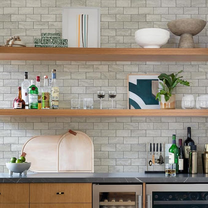STICKGOO 1/3 Sheet Subway Tile Peel and Stick Backsplash, Beige Stone Texture with Grey Grout Kitchen Backsplash Wall Tile(Only 1/3 Sample)