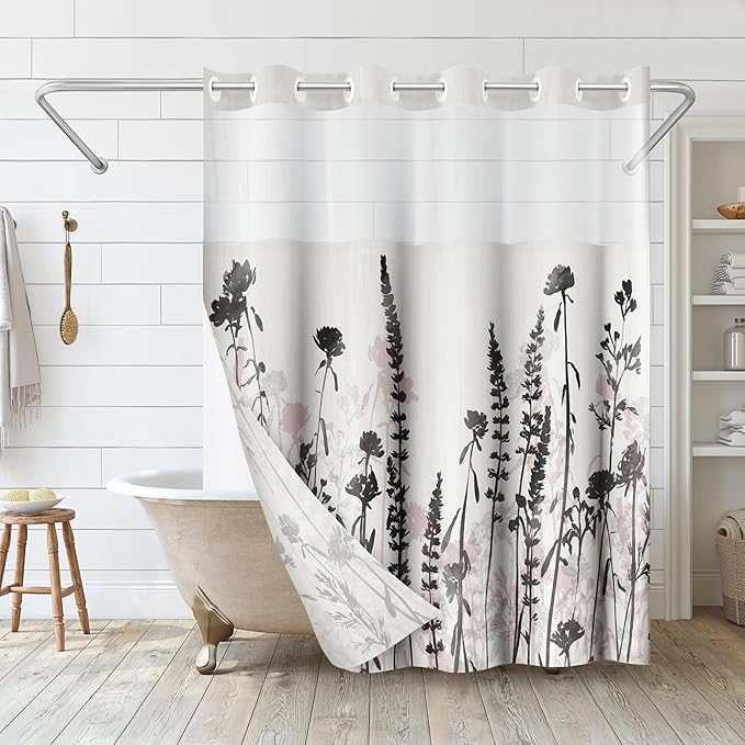 Americanflat 72x75 Hookless Shower Curtain - Water-Resistant Floral Shower Curtain with Sheer Panel, Snap-in Liner, and Grommets - 100% Polyester - Botanical Bathroom Curtains - Black, Pink and White