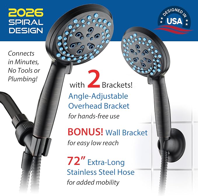 AquaCare New 8-mode High Pressure Handheld Shower Head w/ 2-way Power Wash | Stay Clean Nozzles, Dual Power Wash for Tub, Tile & Pets, Long 6 ft. Stainless Steel Hose, Wall & Overhead Brackets / Bronze