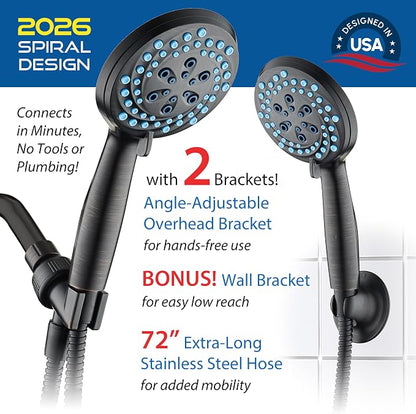 AquaCare New 8-mode High Pressure Handheld Shower Head w/ 2-way Power Wash | Stay Clean Nozzles, Dual Power Wash for Tub, Tile & Pets, Long 6 ft. Stainless Steel Hose, Wall & Overhead Brackets / Bronze
