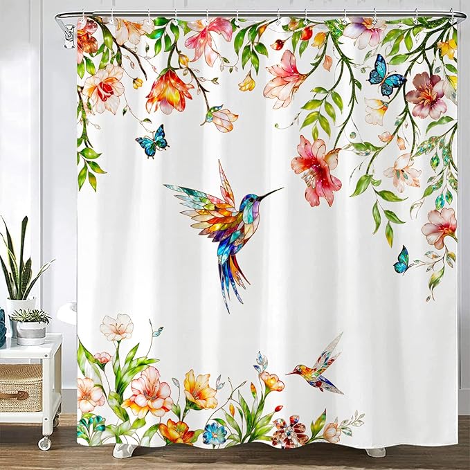 Fowocu Floral Bird Bathroom Shower Curtain Colorful Stained Glass Flower Hummingbird Butterfly Shower Curtains Watercolor Plant Leaf Waterproof Fabric Bath Curtain Decor 72x72 inch