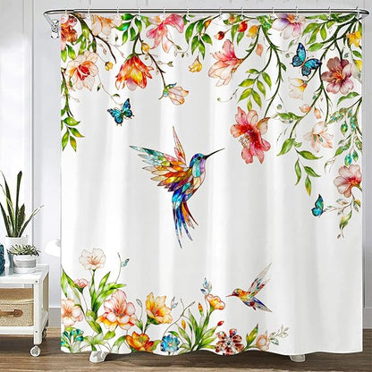 Fowocu Floral Bird Bathroom Shower Curtain Colorful Stained Glass Flower Hummingbird Butterfly Shower Curtains Watercolor Plant Leaf Waterproof Fabric Bath Curtain Decor 72x72 inch