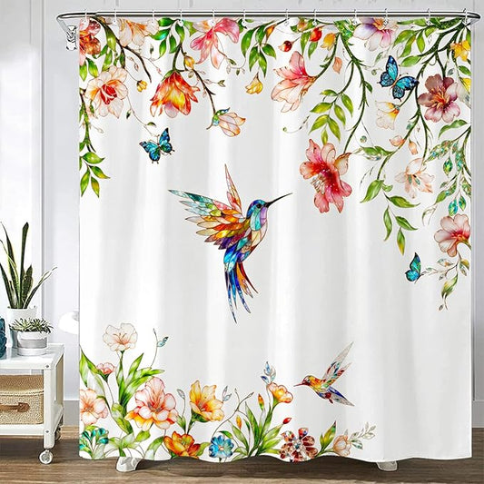 Fowocu Floral Bird Bathroom Shower Curtain Colorful Stained Glass Flower Hummingbird Butterfly Shower Curtains Watercolor Plant Leaf Waterproof Fabric Bath Curtain Decor 72x72 inch