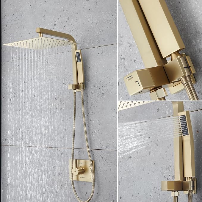 Shower Faucet Set with Tub Spout and 12" Gold Shower Head with Handheld | 12-inch rainhead, 3-function diverter, 304 stainless tub spout, brass pressure balancing shower valve, brushed gold finish